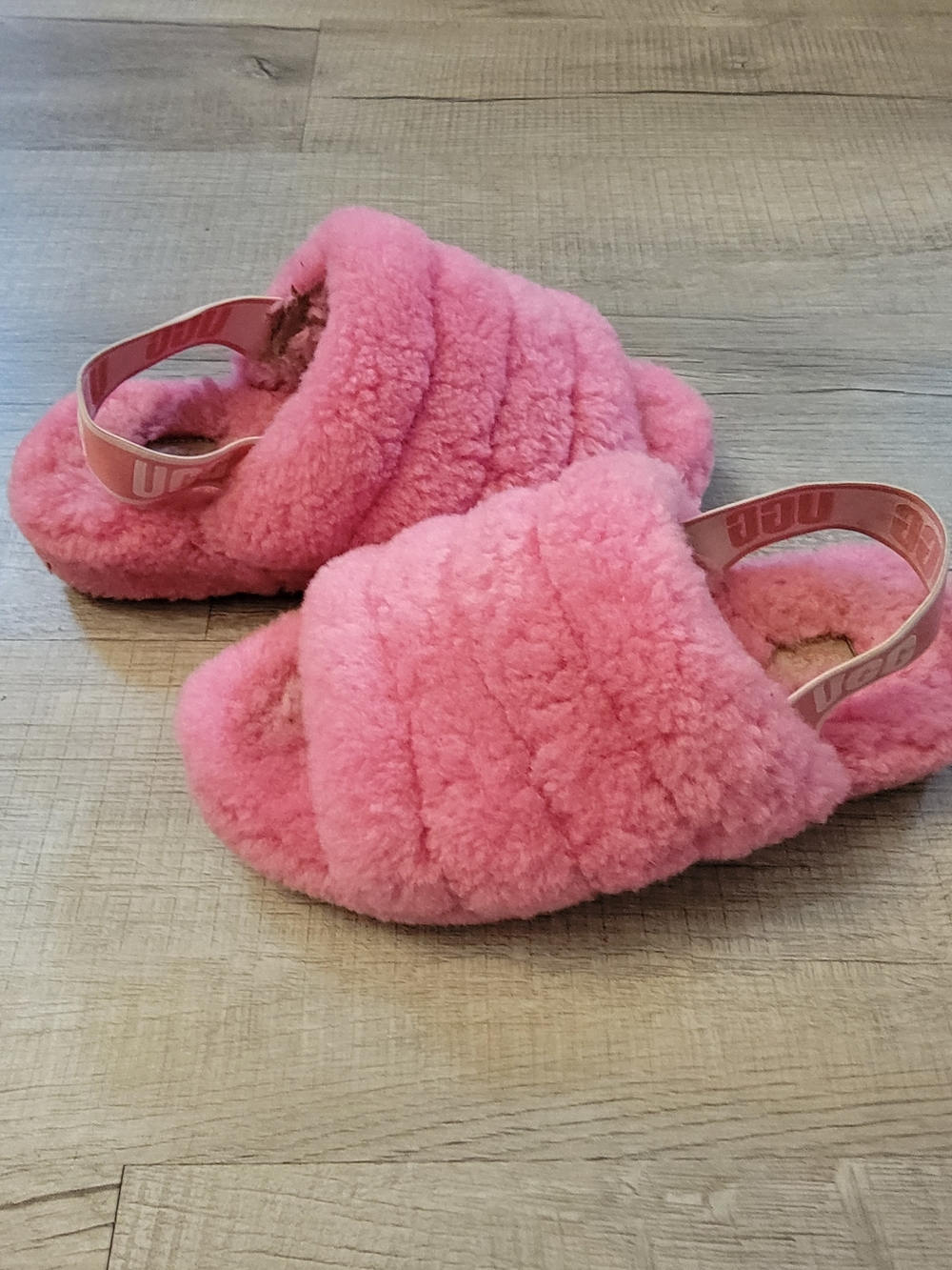 UGG Pink Plush Slide Sandals with Branded Elastic Strap